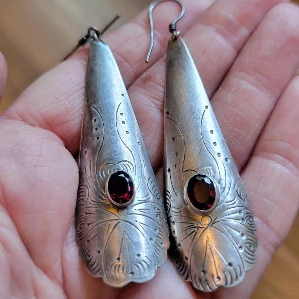 Vintage Native American Handcrafted Sterling Silver Garnet Earrings 3" - Picture 2 of 10